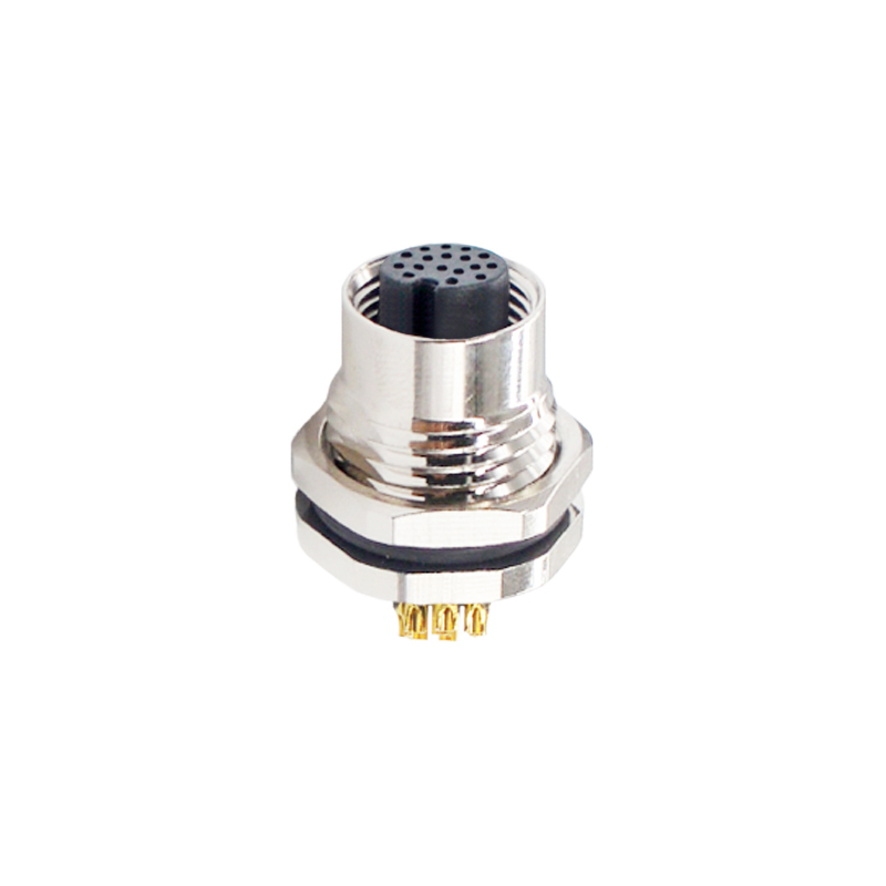 M12 17pins A code female straight front panel mount connector PG9 thread,unshielded,solder,brass with nickel plated shell